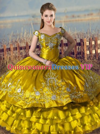 Glittering Floor Length Lace Up 15th Birthday Dress Brown for Sweet 16 and Quinceanera with Embroidery and Ruffled Layers