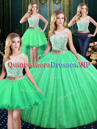 Fitting Four Piece Sequins Ball Gowns Party Dress for Toddlers Scoop Tulle and Sequined Sleeveless Floor Length Lace Up