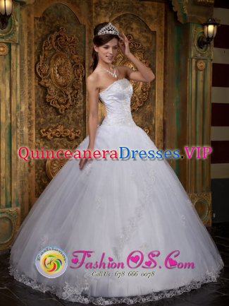 Newbury Berkshire Cheap White Quinceanera Dress With Strapless Neckline Embroidey and Lace Decorate