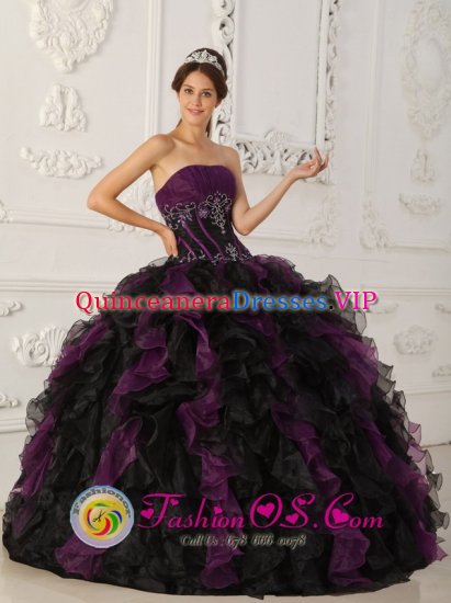 Berwyn Pennsylvania/PA Brand New Purple and Black Quinceanera Dress With Beaded Decorate and Ruffles Floor Length - Click Image to Close