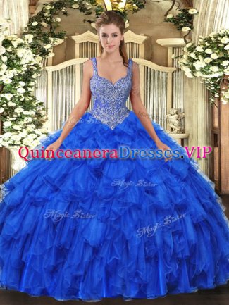 Great Royal Blue Vestidos de Quinceanera Military Ball and Sweet 16 and Quinceanera with Beading and Ruffles Straps Sleeveless Lace Up