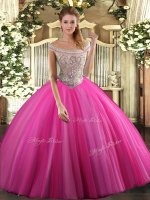 Lovely Hot Pink Ball Gowns Tulle Off The Shoulder Sleeveless Beading Floor Length Lace Up Sweet 16 Dress(SKU SJQDDT1152002-2BIZ)