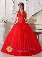 Tahoe City California/CA A-line Halter Beaded Decorate Red Tulle Sweet 16 Dress