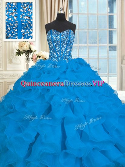 Lovely Blue Organza Lace Up Teens Party Dress Sleeveless With Brush Train Beading and Ruffles - Click Image to Close