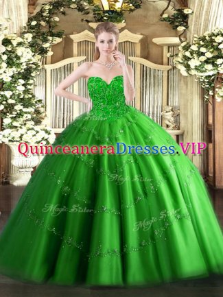 Exquisite Green Sleeveless Tulle Lace Up Sweet 16 Dress for Military Ball and Sweet 16 and Quinceanera