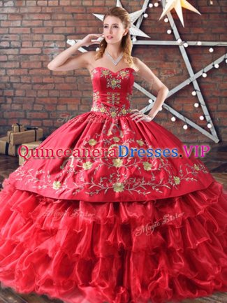 Sophisticated Red 15th Birthday Dress Organza Embroidery and Ruffled Layers