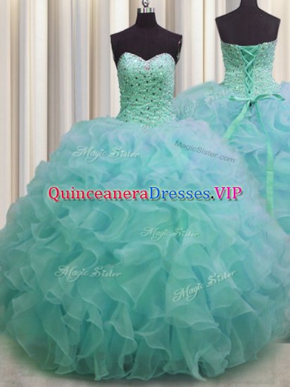 Green Sleeveless Floor Length Beading and Ruffles Lace Up Quinceanera Dress - Click Image to Close