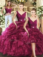 Great Burgundy Ball Gowns Ruffles and Pick Ups Ball Gown Prom Dress Backless Organza Sleeveless Floor Length