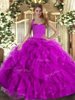 Fuchsia Sleeveless Ruffles Floor Length Quince Ball Gowns