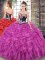 Fuchsia Lace Up Sweet 16 Quinceanera Dress Embroidery and Ruffles Sleeveless Sweep Train