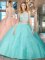 High Quality Scoop Aqua Blue Tulle Backless Sweet 16 Dress Sleeveless Floor Length Beading and Ruffles