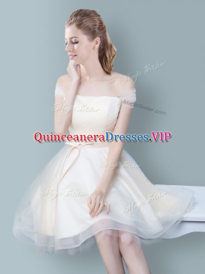 Inexpensive Champagne Empire Off The Shoulder Sleeveless Tulle Knee Length Zipper Ruching and Bowknot Quinceanera Court of Honor Dress - Click Image to Close