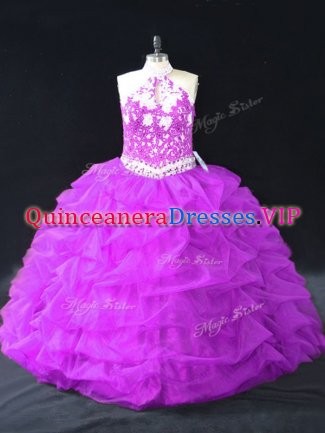 Colorful Purple Halter Top Neckline Beading and Pick Ups Quinceanera Gown Sleeveless Backless