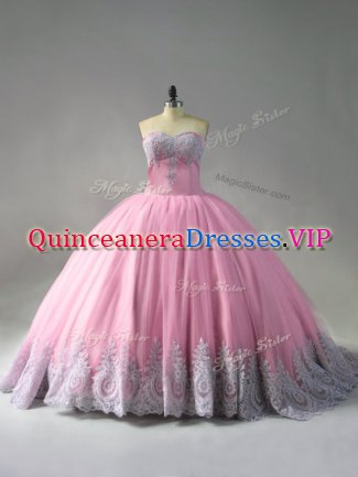 Pink Ball Gowns Beading and Appliques Quince Ball Gowns Lace Up Tulle Sleeveless