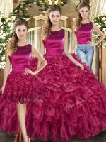 Scoop Sleeveless Quince Ball Gowns Floor Length Ruffles Fuchsia Organza