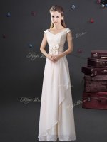 Custom Designed V-neck Cap Sleeves Dama Dress Floor Length Lace and Bowknot White Chiffon