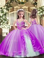 Customized Purple Tulle Lace Up Kids Pageant Dress Sleeveless Floor Length Beading