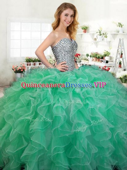 Glamorous Green Organza Lace Up Sweetheart Sleeveless Floor Length Quinceanera Gown Beading and Ruffles - Click Image to Close