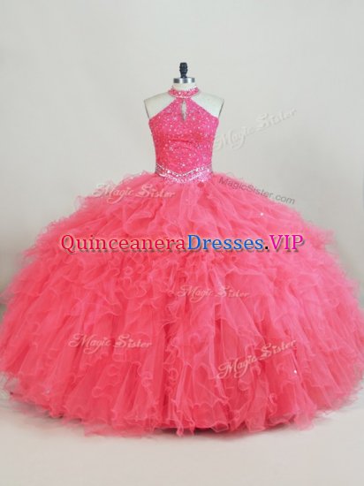 Fabulous Halter Top Sleeveless Tulle Quinceanera Dresses Beading and Ruffles Lace Up - Click Image to Close