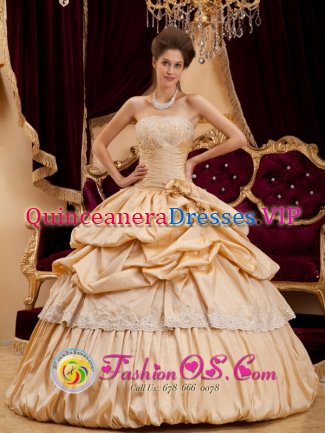 Champagne Strapless Appliques With Beading Decorate Hand Made Flowers and Pick-ups For Nettetal Quinceanera Dress