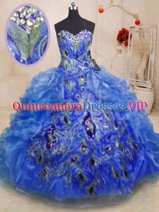 Floor Length Zipper Quinceanera Gown Blue for Military Ball and Sweet 16 and Quinceanera with Beading and Appliques and Ruffles