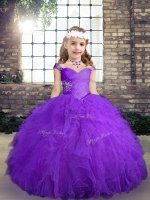 Purple Lace Up Girls Pageant Dresses Beading and Ruffles Sleeveless Floor Length