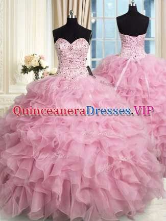 Sweetheart Sleeveless Organza Quinceanera Gown Beading and Ruffles Lace Up