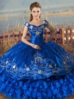 Royal Blue Lace Up Off The Shoulder Embroidery and Ruffled Layers 15th Birthday Dress Satin and Organza Sleeveless