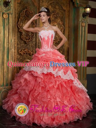 Pickens South Carolina S/C Fabulous Waltermelon New Style Arrival Strapless Ruffles Quinceanera Dress with Appliques Decorate