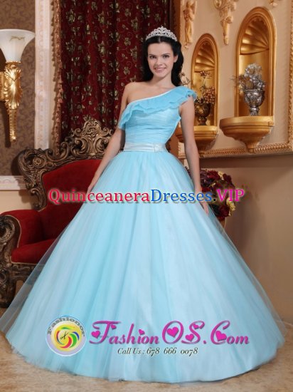 Kirton East Midlands Stylish Light Blue Princess Quinceanera Dress For Sweet 16 With One Shoulder Neckline - Click Image to Close