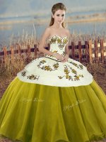 Nice Sweetheart Sleeveless Quinceanera Gowns Floor Length Embroidery and Bowknot Olive Green Tulle