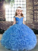 Blue Ball Gowns Spaghetti Straps Sleeveless Fabric With Rolling Flowers Floor Length Lace Up Beading and Ruching Kids Pageant Dress