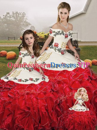 Affordable Off The Shoulder Sleeveless Vestidos de Quinceanera Floor Length Embroidery and Ruffles White And Red Organza