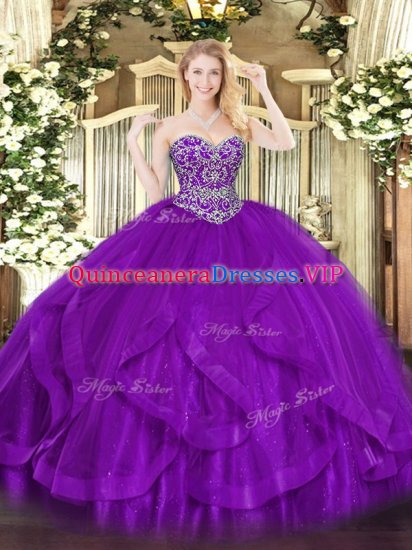 Super Eggplant Purple Ball Gowns Tulle Sweetheart Sleeveless Ruffles Floor Length Lace Up Quinceanera Dress - Click Image to Close