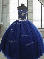 Sleeveless Tulle Floor Length Lace Up 15 Quinceanera Dress in Navy Blue with Beading(SKU PSSW0684BIZ)