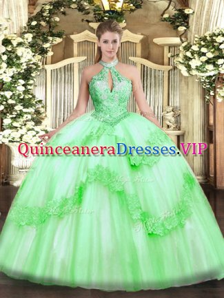 Shining Apple Green Sleeveless Appliques and Sequins Floor Length Quinceanera Dress