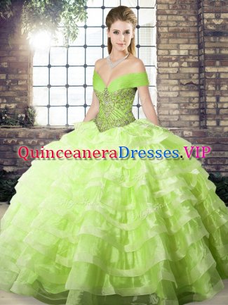 Fashion Sleeveless Brush Train Beading and Ruffled Layers Lace Up Quinceanera Gown