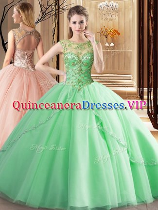 Eye-catching Scoop Sleeveless Quinceanera Gown Brush Train Beading Apple Green Tulle