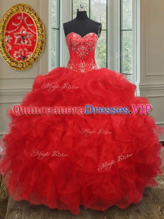 Ball Gowns Sweet 16 Quinceanera Dress Red Sweetheart Organza Sleeveless Floor Length Lace Up