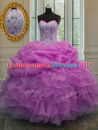 Organza Sweetheart Sleeveless Lace Up Beading and Ruffles and Pick Ups Quinceanera Gown in Lilac