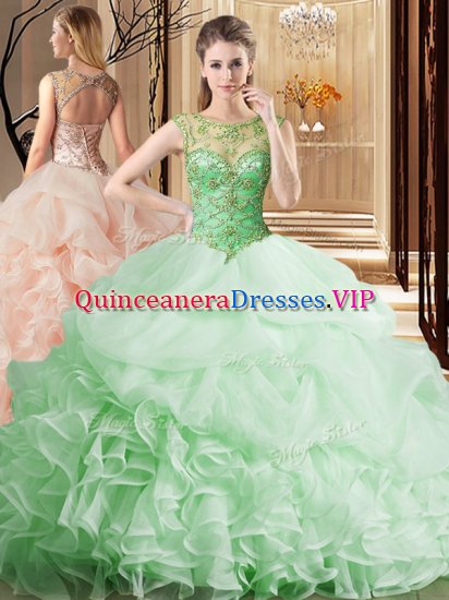 Scoop Sleeveless Brush Train Lace Up Beading and Ruffles and Pick Ups Sweet 16 Quinceanera Dress - Click Image to Close