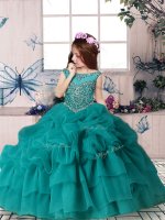 Elegant Teal Zipper Little Girls Pageant Dress Wholesale Beading and Pick Ups Sleeveless Floor Length