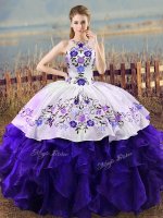 Nice Floor Length Lace Up 15th Birthday Dress White And Purple for Sweet 16 and Quinceanera with Embroidery and Ruffles