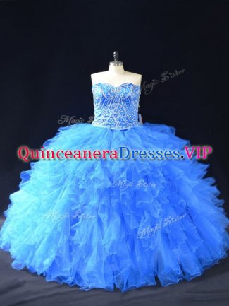 Blue Organza Lace Up Sweetheart Sleeveless Floor Length Vestidos de Quinceanera Beading and Ruffles