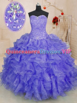 Lavender Ball Gowns Organza Sweetheart Sleeveless Beading and Ruffles Floor Length Lace Up Quinceanera Dresses