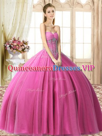 Elegant Tulle Sweetheart Sleeveless Lace Up Beading Sweet 16 Quinceanera Dress in Fuchsia