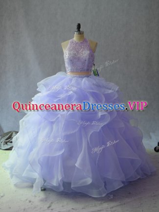 Delicate Halter Top Sleeveless Quinceanera Gowns Floor Length Beading and Ruffles Lavender Organza