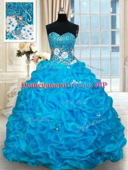 Designer With Train Baby Blue Vestidos de Quinceanera Organza Brush Train Sleeveless Beading and Pick Ups - Click Image to Close