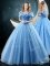 Off the Shoulder Baby Blue Sleeveless Organza Brush Train Lace Up Sweet 16 Dress for Military Ball and Sweet 16 and Quinceanera