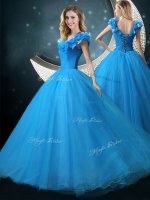 Hot Sale Tulle Cap Sleeves Floor Length Quinceanera Gowns and Appliques